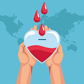 Blood donation charity campaign hands with heart cartoons vector illustration graphic design
