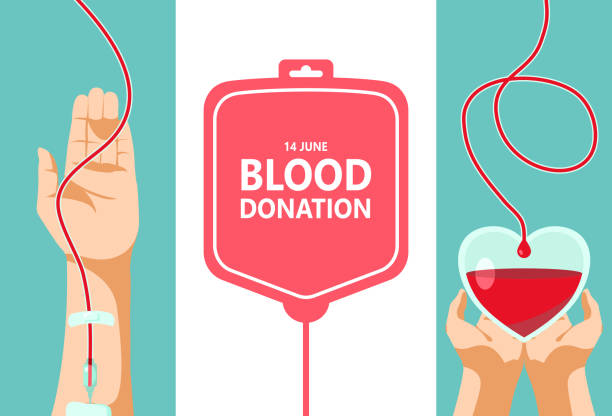 ilustrações de stock, clip art, desenhos animados e ícones de blood donation day. give life to be a hero. the donor arm is delivering blood to the recipient of the heart bag, sustaining life for the patient. vector illustrator flat design for poster and banner. - doação de sangue
