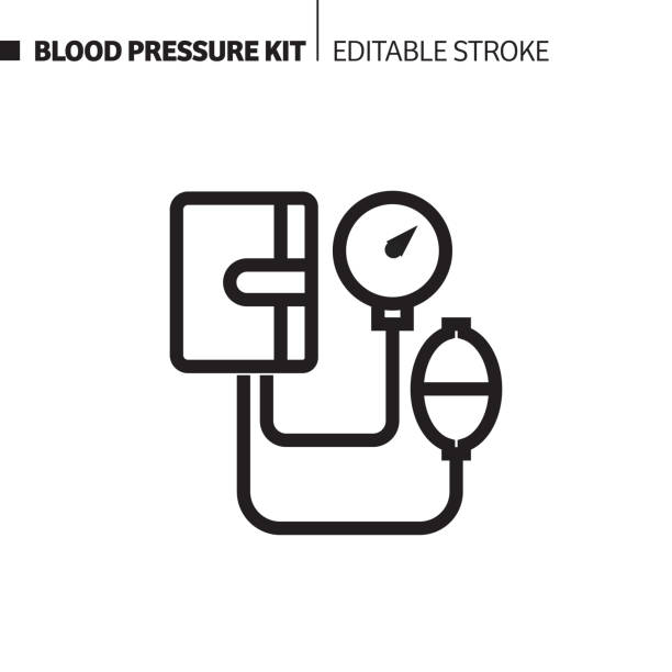 ilustrações, clipart, desenhos animados e ícones de ícone da linha do jogo da pressão sanguínea, ilustração do símbolo do vetor do esboço. pixel perfeito, curso editável. - hipertensão