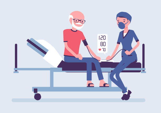 ilustrações de stock, clip art, desenhos animados e ícones de blood pressure measurement, medicine test for senior man in clinic - médico a examinar paciente