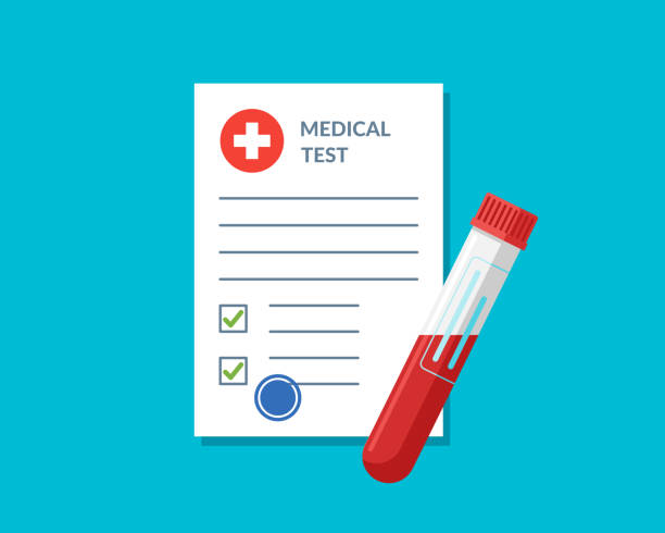Blood test tube container and medical lab analysis form list with results data and approved check mark vector illustration. Flat clinical exam checklist document. Medicine care service concept Blood test tube container and medical lab analysis form list with results data and approved check mark vector illustration. Flat clinical exam checklist blank document. Medicine care service concept test results stock illustrations