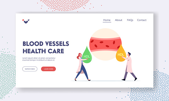 Blood Vessel Health Care Landing Page Template. Tiny Medic Characters at Huge Blood Artery Holding Good and Bad HDL Drop