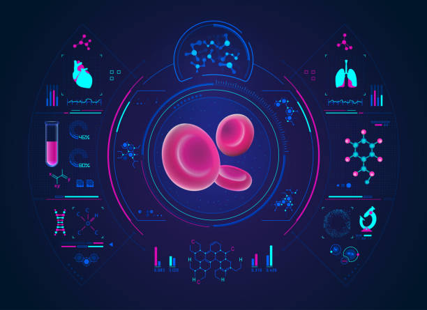 bloodCelltest concept of medical health care technology, blood cells in 3D with science analysis interface blood cancer stock illustrations