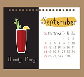 Vector calendar page template for September with Bloody Mary cocktail.