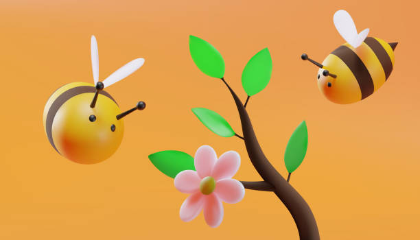 ilustrações, clipart, desenhos animados e ícones de galho de árvore de flores. abelhas doces voando. ilustração 3d. vetor - tree 3d