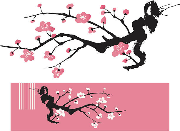 stockillustraties, clipart, cartoons en iconen met blossom tree - oriental style painting - appelbloesem