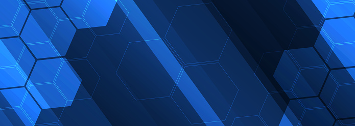 Blue abstract modern wide banner, hexagon technology blue background with honeycomb graphic elements
