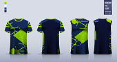 Blue T-shirt mockup or sport shirt template design for soccer jersey or football kit. Tank top for basketball jersey or running singlet. Fabric pattern for sport uniform in front view back view. Vector Illustration.