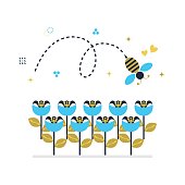 Blue and golden top view flying honey bee icon with signs and symbols on white background