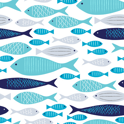Blue and Gray Fishes Seamless Pattern with White Background.