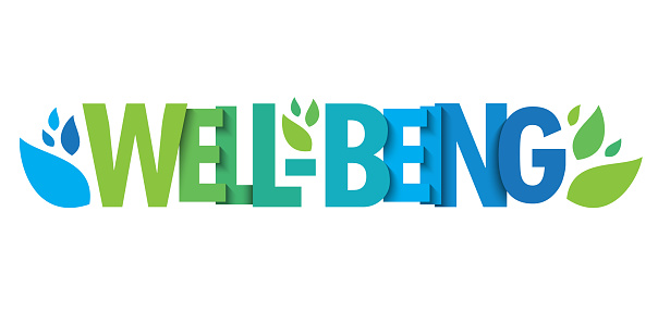 WELL-BEING blue and green vector typography banner with leaves on white background