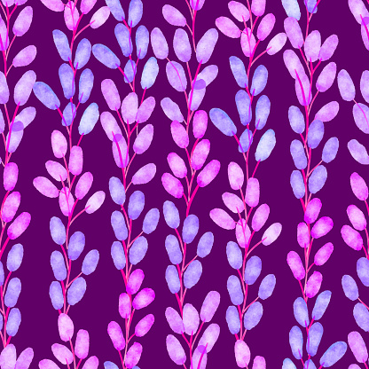 Blue and Purple Berries Seamless Pattern Background. Floral Background for Greeting Cards, Wallpapers, Advertising, Banners, Leaflets and Flyers. Geometric Botanical Vector Design Background. Hand Painted Layered Watercolor Flowers Clip Art.