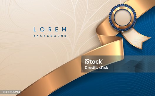 istock Blue and white background template with golden ribbon 1341083393
