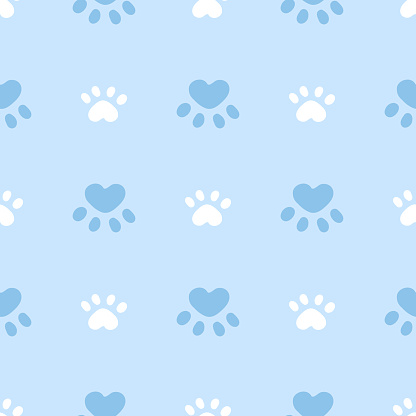 Blue and white cat or dog seamless pattern. Meow and cat paws background vector illustration. Cute cartoon pastel character for nursery boy baby