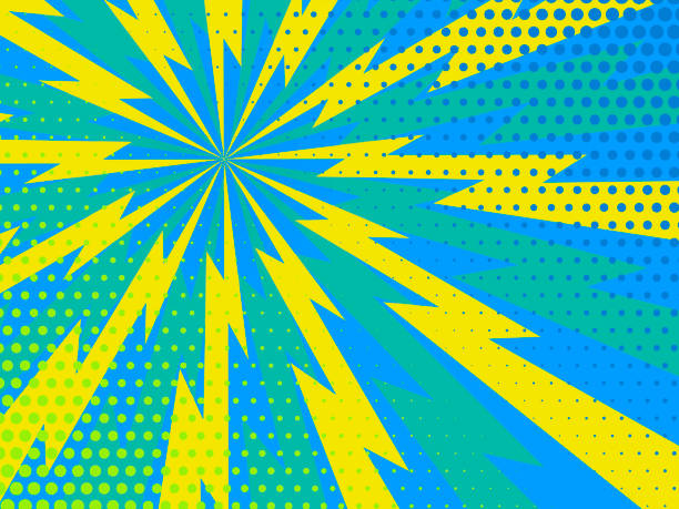 blaue und gelbe comic-strahlen punkte hintergrund. vektor-illustration im pop-art-retro-stil - blitz stock-grafiken, -clipart, -cartoons und -symbole