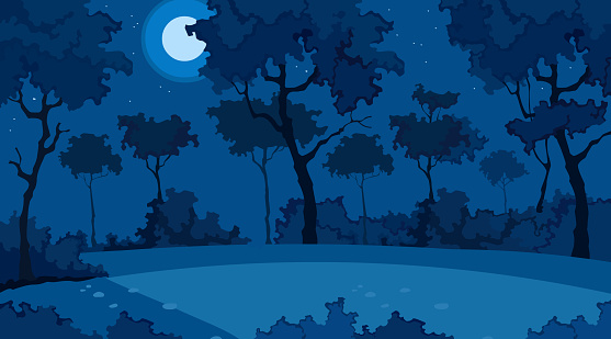 ✓ Imagen de fondo azul de dibujos animados bosque de verano en una noche de  luna Fotografía de Stock