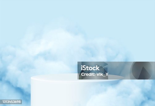 istock Blue background with a product podium surrounded by blue clouds. Smoke, fog, steam background. Vector illustration 1313453698