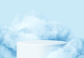 istock Blue background with a product podium surrounded by blue clouds. Smoke, fog, steam background. Vector illustration 1313453698