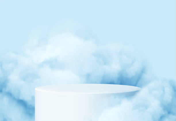 blauer hintergrund mit einem produktpodium, umgeben von blauen wolken. rauch, nebel, dampfhintergrund. vektor-illustration - sammlung stock-grafiken, -clipart, -cartoons und -symbole