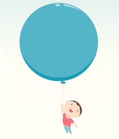 A blue balloon with a kid holding on