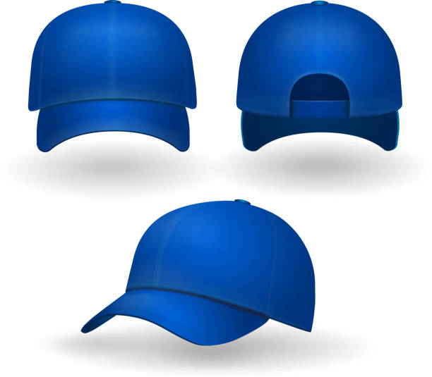 illustrazioni stock, clip art, cartoni animati e icone di tendenza di berretto da baseball blu impostato vista laterale anteriore isolata su sfondo bianco - berrettini