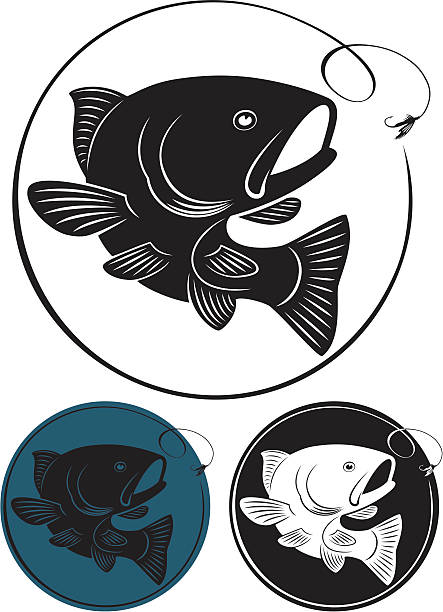 Blue, black and white circular trout illustration icons the figure shows the trout fish brook trout stock illustrations