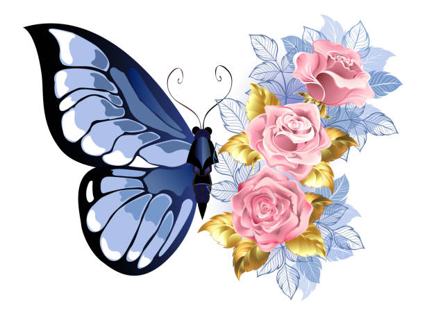 Blue butterfly with roses Composition of blue butterfly and bouquet of delicate, pink roses with blue and gold jewelry leaves on white background. butterfly fairy flower white background stock illustrations