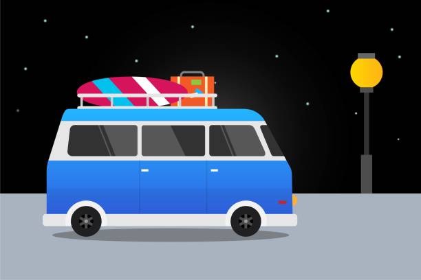 illustrations, cliparts, dessins animés et icônes de retro de voiture bleue avec planche de surf et de valises été, déplacements en voiture. vector illustration background design plat - night lugage