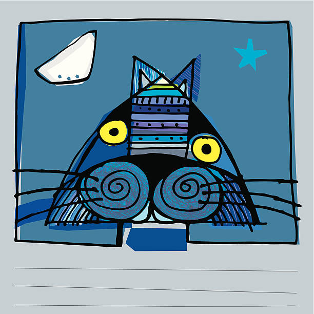 ilustraciones, imágenes clip art, dibujos animados e iconos de stock de gato azul, luna y estrella brillante - tintanegra00
