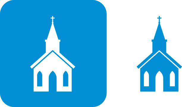 ilustraciones, imágenes clip art, dibujos animados e iconos de stock de icono azul iglesia - church