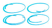 Overlapping blue circles hand drawn design scribble oval curve design elements.
