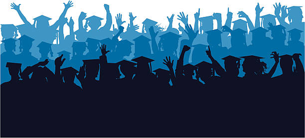 Blue Crowd of Graduates Hats are on a separate layer and so can easily be thrown into the air when necessary. graduation silhouettes stock illustrations