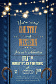 Rustic Country and western invitation design template with string lights. Sample text design. Easy layers for customizing.