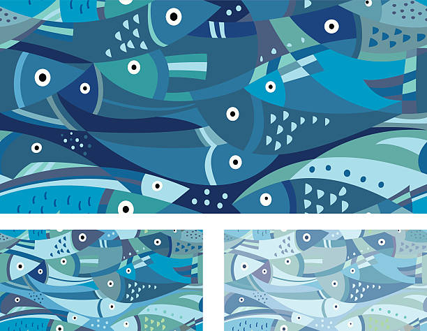 ilustraciones, imágenes clip art, dibujos animados e iconos de stock de patrón de pescado azul - tintanegra00
