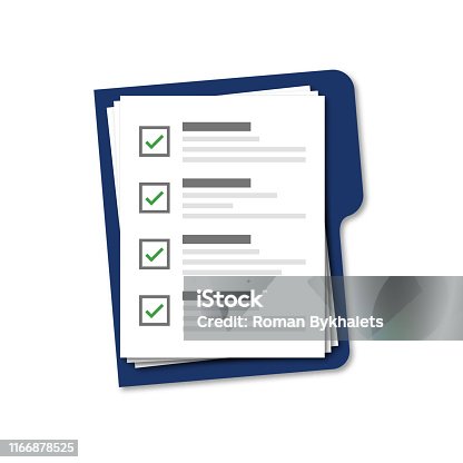 istock Blue folder with checklist isolated vector on white background. Blue vector folder with document. Vector assessment template. 1166878525