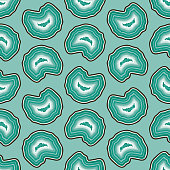 A seamless pattern made up of a brightly colored geode crystal. Vector file is built in CMYK for optimal printing and can easily be converted to RGB. Colors are Global swatches to make changing colors quick and easy. File contains a clipping mask on the outer shapes (right-click to remove).