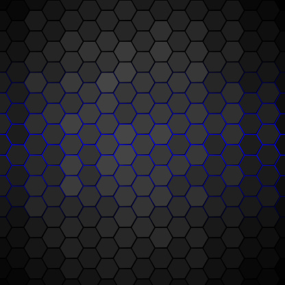 Blue glow behind hexagon tiles covering surface. Honeycomb pattern with individually lit shapes. Gradient.