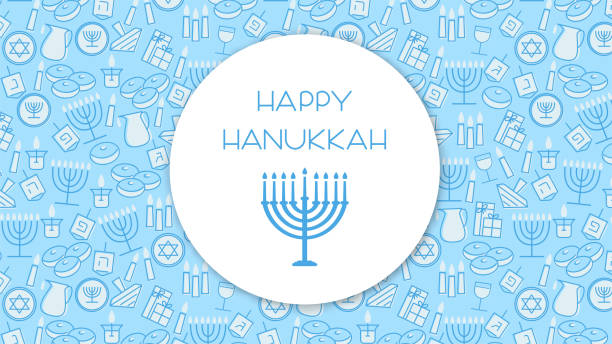 Blue Hanukkah background Happy Hanukkah greeting card template design. Holiday symbols: menorah (candlestick), candles, donuts, gifts, dreidel. Vector illustration happy hanukkah stock illustrations