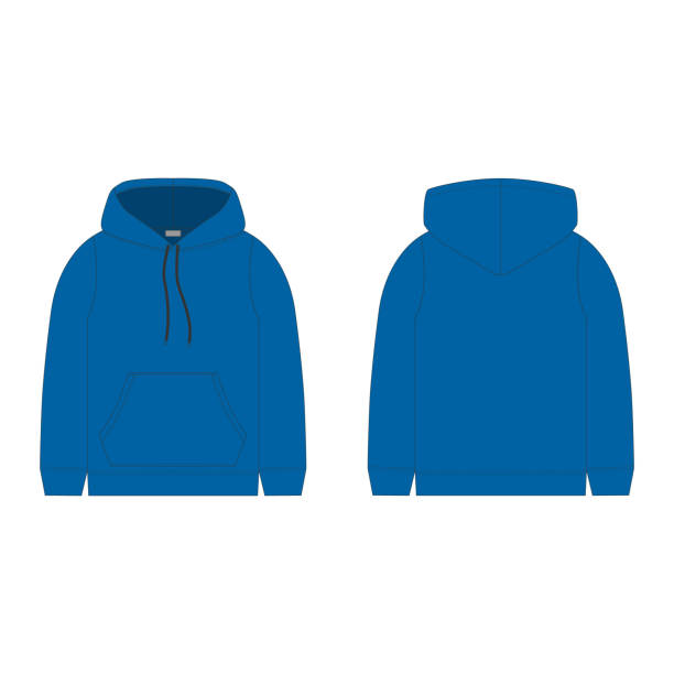 Blue hoodie on white background. Technical sketch hood for men. Technical design. Blue hoodie on white background. Technical sketch hoody for men. Technical design. Technical drawing kids clothes. Sportswear, uniform clothes. Vector fashion illustration. blank hoodie template drawing stock illustrations