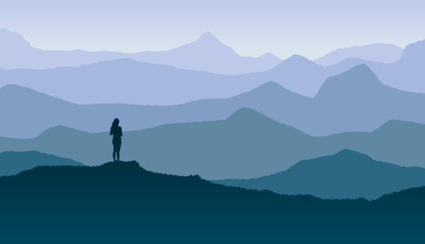 blue horizon dengan gadis penampakan alam dan kebebasan - petualangan konsep ilustrasi stok