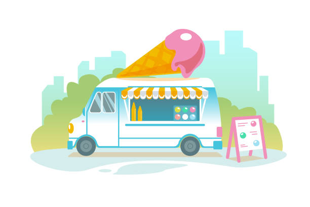 Blue ice cream truck in retro style on cityscape. Popsicle wheeled cafe banner design. Ice car cartoon illustration. Isolated sweet cart in Flat vector landscape. Icecream food delivery banner Blue ice cream truck in retro style on cityscape. Popsicle wheeled cafe banner design. Ice car cartoon illustration. Isolated sweet cart in Flat vector landscape. Icecream food delivery service banner ice cream truck stock illustrations
