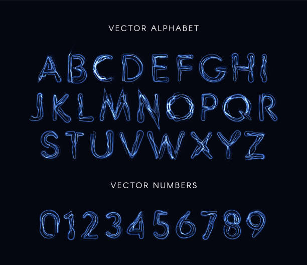 Blue lightning style letters and numbers set. Unusual plasma font, electricity lines alphabet, magic abc. Vector typeset. vector art illustration