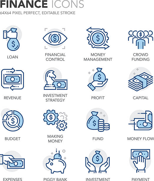 Blue Line Finance Icons Simple Set of Finance Related Color Vector Line Icons. Contains such Icons as and Crowd Funding, Capital, Money Flow, Money Management, Investment Strategy more. Editable Stroke. 64x64 Pixel Perfect. wealth stock illustrations