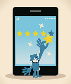 Blue Little Guy Characters Vector Art Illustration.
Blue man gives a five-star rating to a big smart phone.