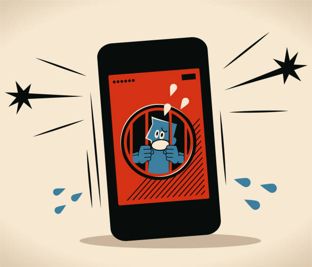 blauer mann wird in einem großen smartphone-gefängniszelle festgehalten - cyber crime capture stock-grafiken, -clipart, -cartoons und -symbole