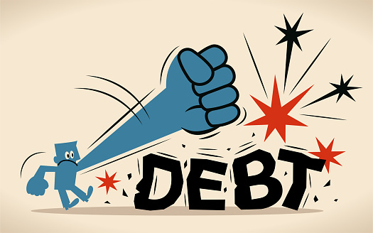 Business Characters Vector Art Illustration.
Blue man is trying to crush and smash the heavy debt burden; Breaking the debt cycle.