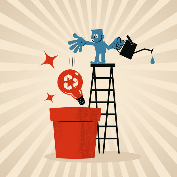 Blue man on top of the ladder is sowing a good idea for sustainability, sustainable business, and environmental protection vector art illustration