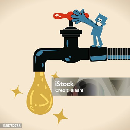 istock Blue man turning on or turning off the tap (faucet) to solve the water leak (water droplet of United Arab Emirates Currency sign) 1315752788