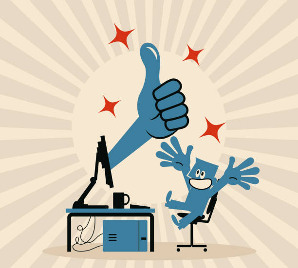 illustrations, cliparts, dessins animés et icônes de homme bleu travaillant sur un ordinateur, une main sort du moniteur et lui donne un signe de main de pouces vers le haut - collaborateurs applaudissements