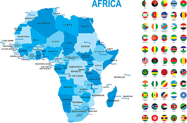 ilustrações de stock, clip art, desenhos animados e ícones de blue map of africa with flag against white background - tanzania object